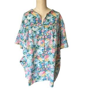 Vintage Smock Top Floral Print Spring Blue Pink Yellow Cottagecore Button Front